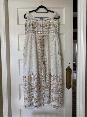 Juliet Dunn Mosaic White and Gold Embroidered Maxi Dress